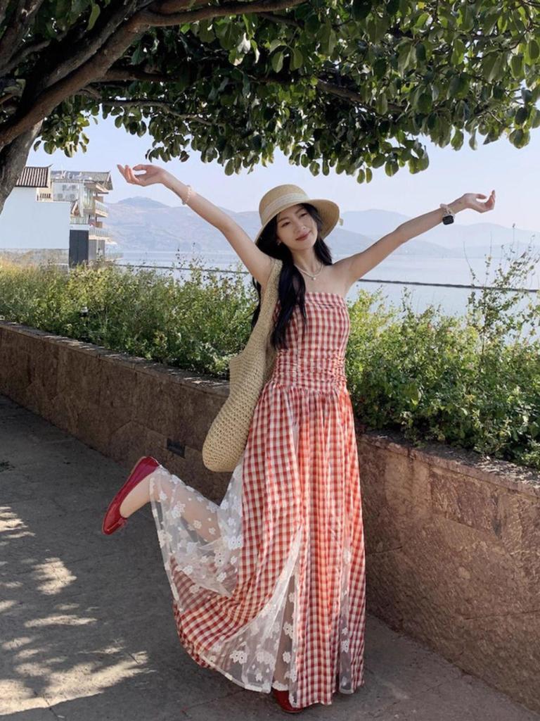 Retro Französisches Karomuster Patchwork Spitze Bandeau Kleid für Damen - Taillenbetontes Langes Kleid, Frühling/Sommer 2026 Kollektion