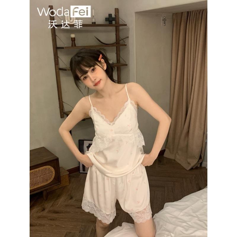 Lace sexy camisole shorts, satin set, pure and alluring style, with bra pads, ice silk slip dress, spring/summer new pajamas for women