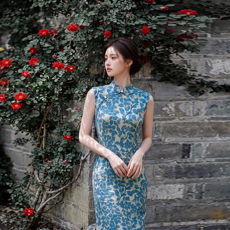 Mavi kolsuz ulusal tarz yeni Çin günlük Suzhou uzun cheongsam geliştirilmiş genç 1011 yeni kadın yüksek duygu