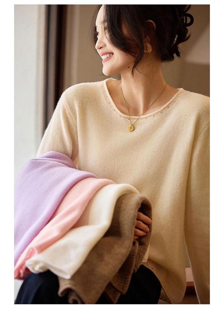 Women's 100% Pure Wool Round Neck Sweater - Rolled Hem, Versatile Knit Pullover for Autumn & Winter