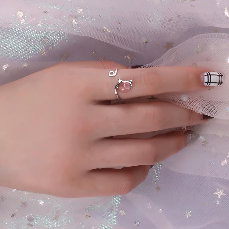 Pierścionek otwarty z kryształem truskawkowym Gu Maoning - Słodki design kota z sercem, Regulowany dla kobiet i studentek, Styl japoński i koreański.