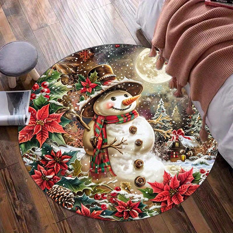 Round Crystal Velvet Rug Christmas Snowman Holiday Scene Red Poinsettia Floor Mat Home Decor Living Room Bedroom Carpet Festive 60cmx60cm
