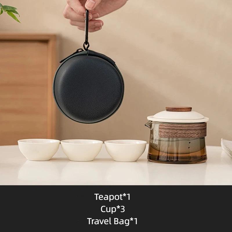 Portable Travel Tea Set with Bag – Ceramic Teapot and 3 Cups for Outdoor Camping & Home Brewing