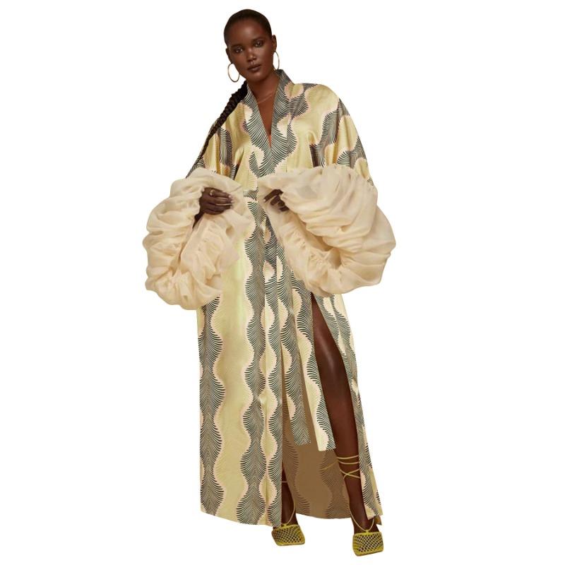 Dámské Maxi Kimono s vlnovým potiskem, otevřené vpředu, s nabíranými rukávy, dlouhý kardigan, ležérní Boho, plážové přehození