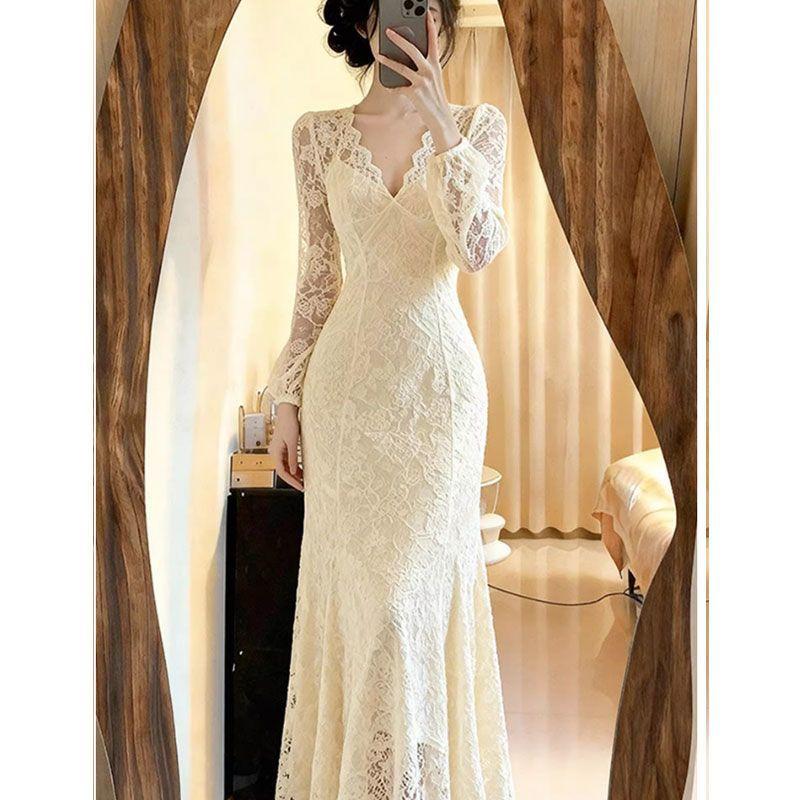 French petty bourgeoisie beige v-neck lace fishtail dress spring women's clothing Kochi fit slim fit skirt