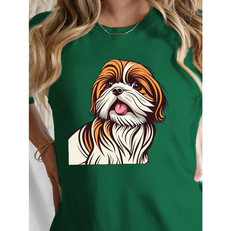 Cute Shih Tzu Puppy Print T-shirt, Short Sleeve Crew Neck Casual Top for Summer & Spring, Women's Clothing