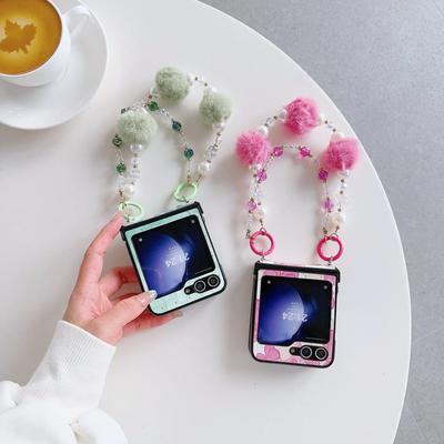 Niedliche Bommeln, bunte Perlen, PU-Leder, Handschlaufe, Handyhülle für Samsung Galaxy Z Flip 6 5 4 3, Scharnierschutz, stoßfeste Hülle