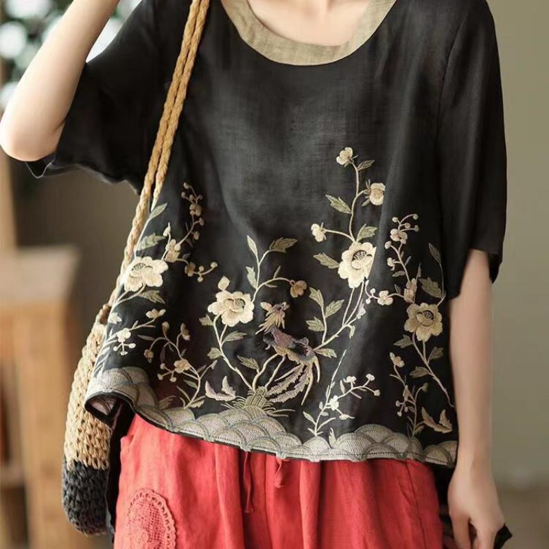 Blusen aus Baumwollleinen mit Blumenstickereien für Damen, klassisch, lockeres chinesisches Hemd, Oberteil, lässig, Retro, Rundhalsausschnitt, kurzärmelig, Sommerhemden