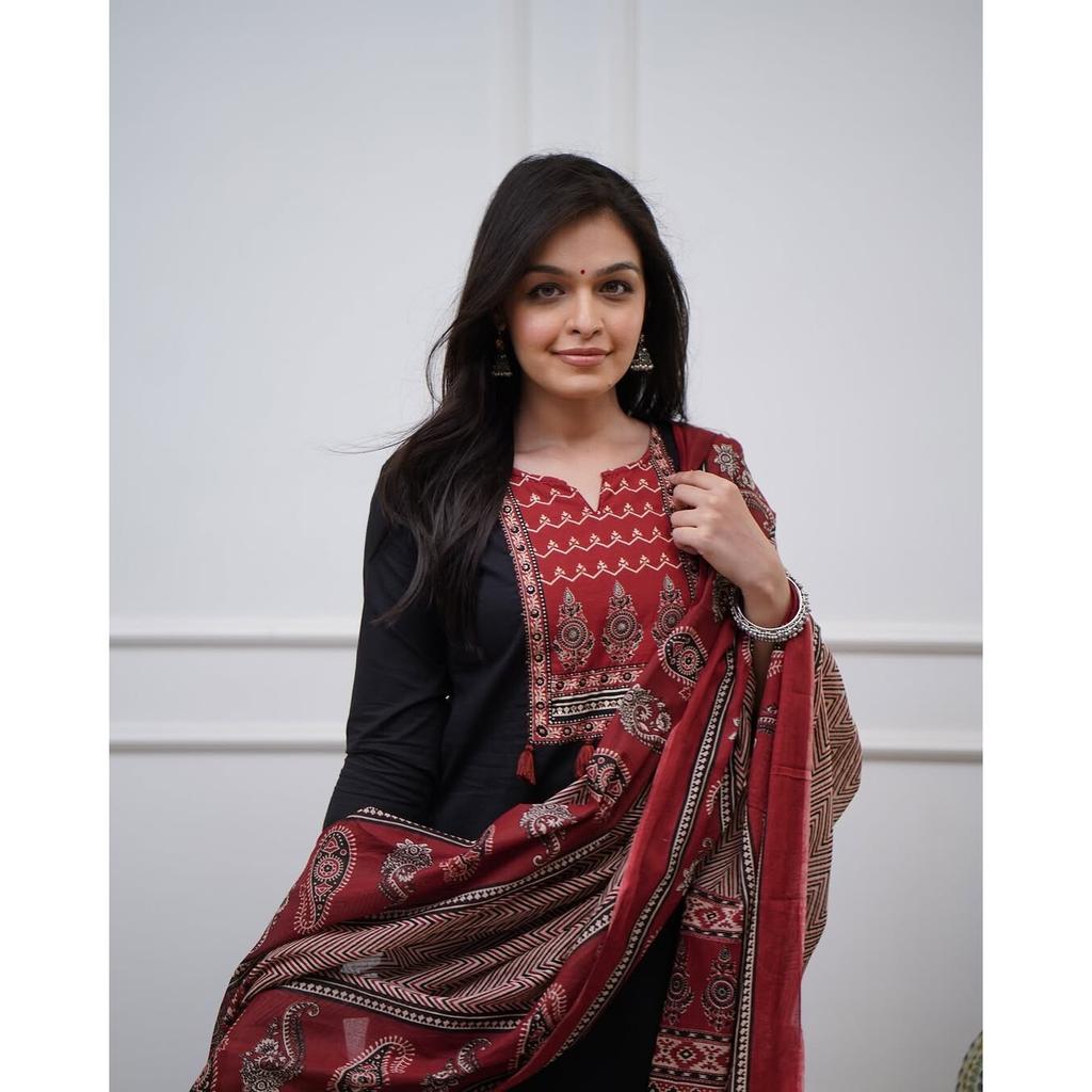 Indian Women Designer Kurta Pant Dupatta Set Bollywood Top Tunic Cotton Kurti VFP-1804a