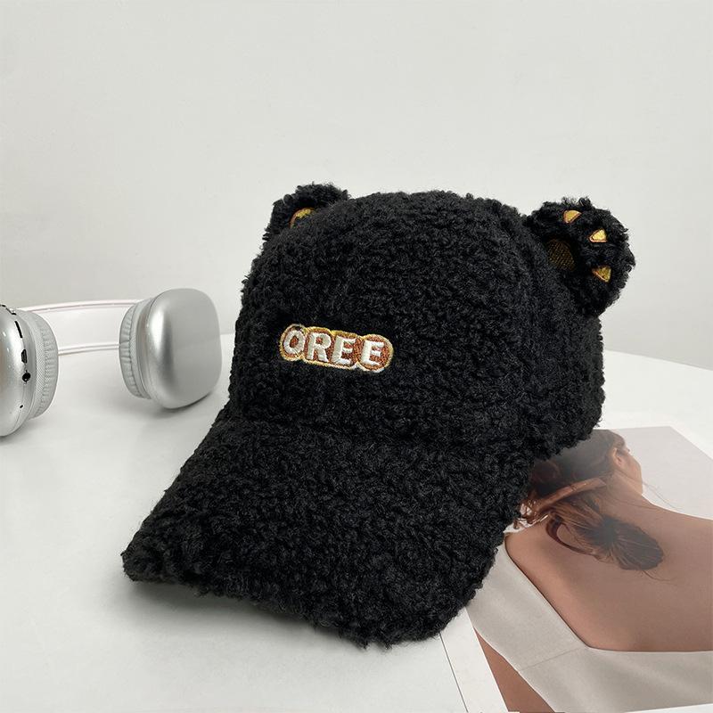 

Lamb wool cute ears embroidery baseball cap children autumn and winter warm casual versatile cap adjustable