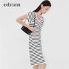 EditionE+ Striped Knit U-Neck Backless Short Sleeve Dress