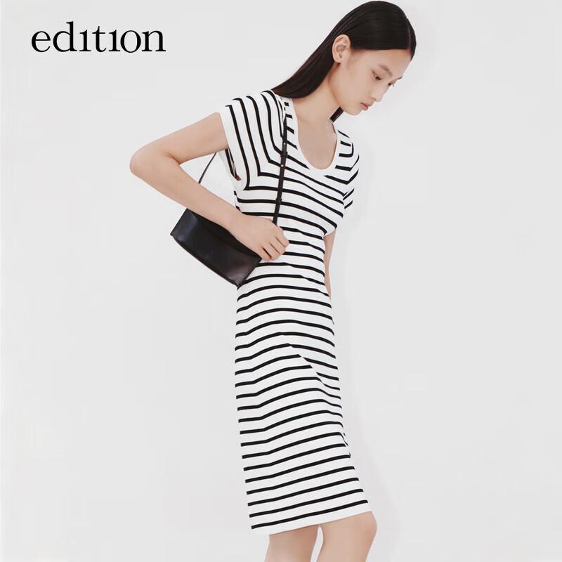 EditionE+ Striped Knit U-Neck Backless Short Sleeve Dress
