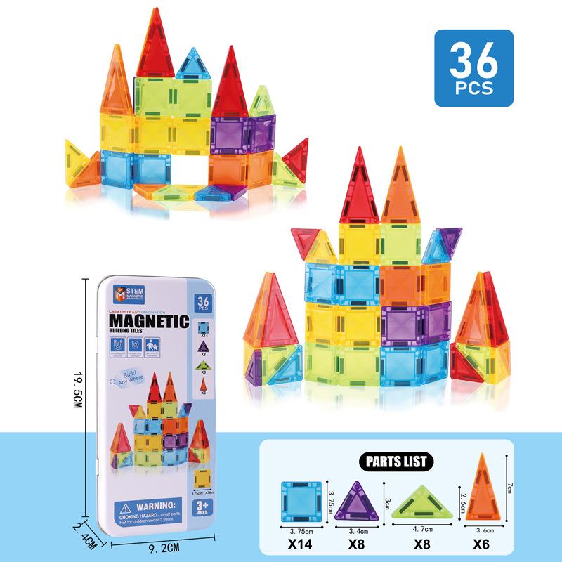 Portable Children's Magnetic Tile Puzzle Toy – Stained Glass Magnetic Building Set in Iron Box