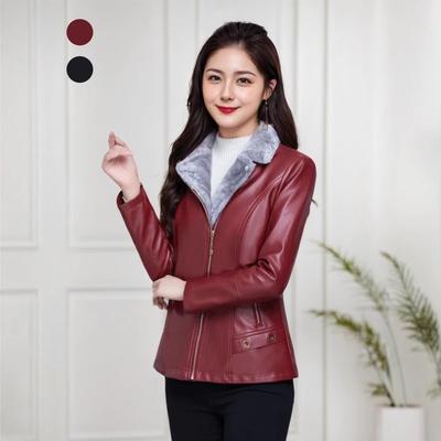2024 PU Leather Jacket: Casual, Plus Size, Velvet-Lined for Middle-Aged and Elderly Women