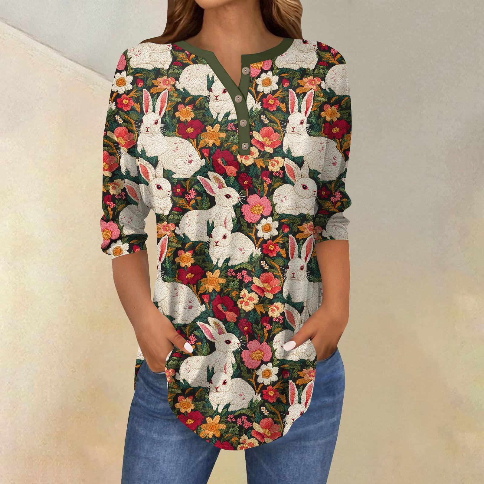 

Женский модный повседневный топ с рукавами 3/4 и принтом пасхального кролика и воротником на пуговицах XL красный