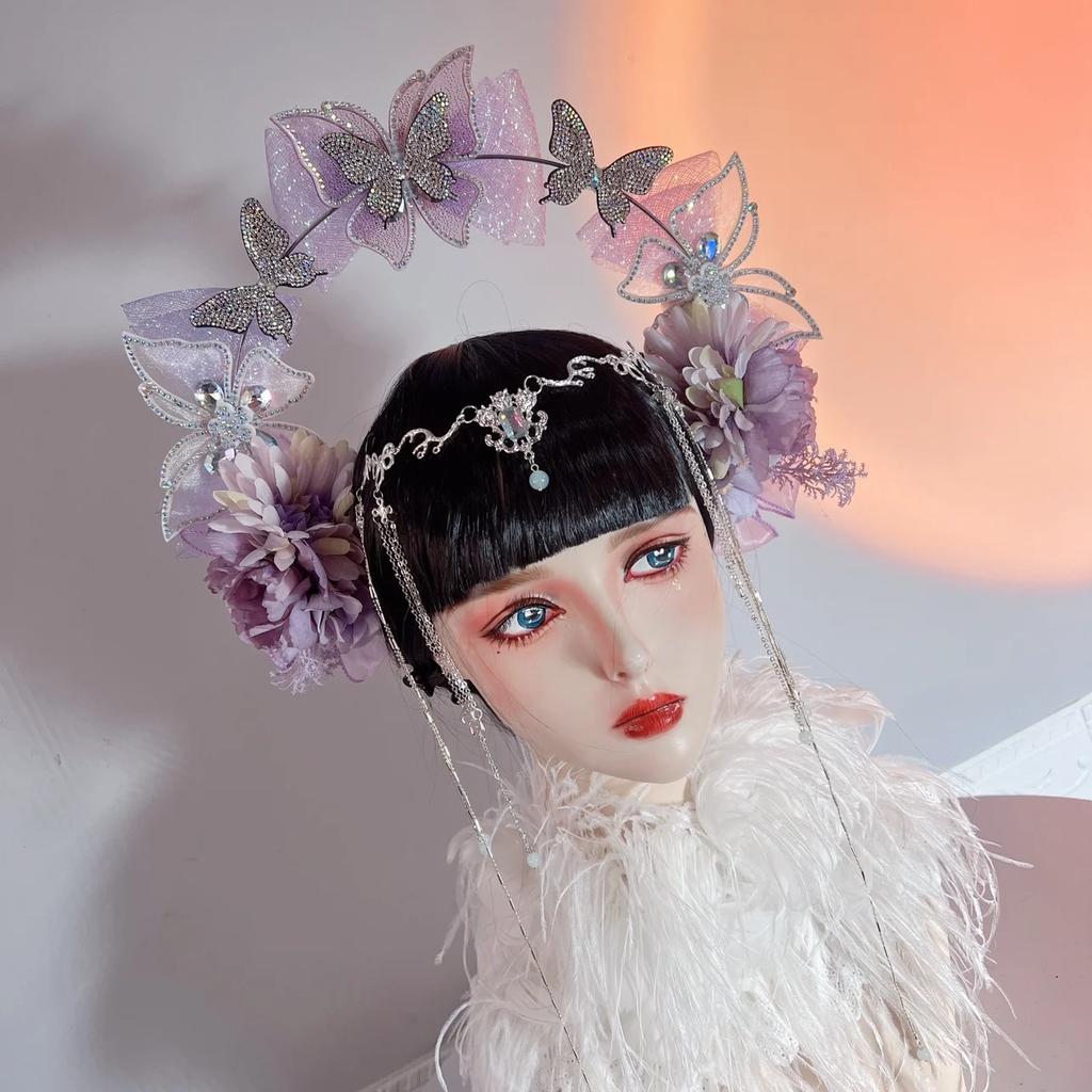 Lolita Fairy Butterfly Halo Crown Headpiece Bridal Wreaths Flowers Headband Women Girl Mermaid Princess Elf Cosplay Headdress