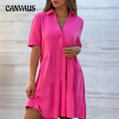 Summer Women's Dress Loose Solid Colour Lapel Casual Short Sleeve Dresses