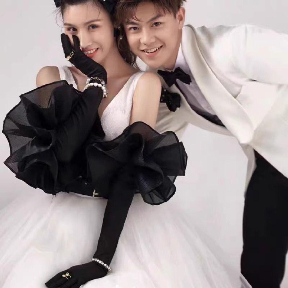 Elastic Ruffles Velvet Mittens Elegant Wedding Bridal Gloves Fashion Long Gloves  Women