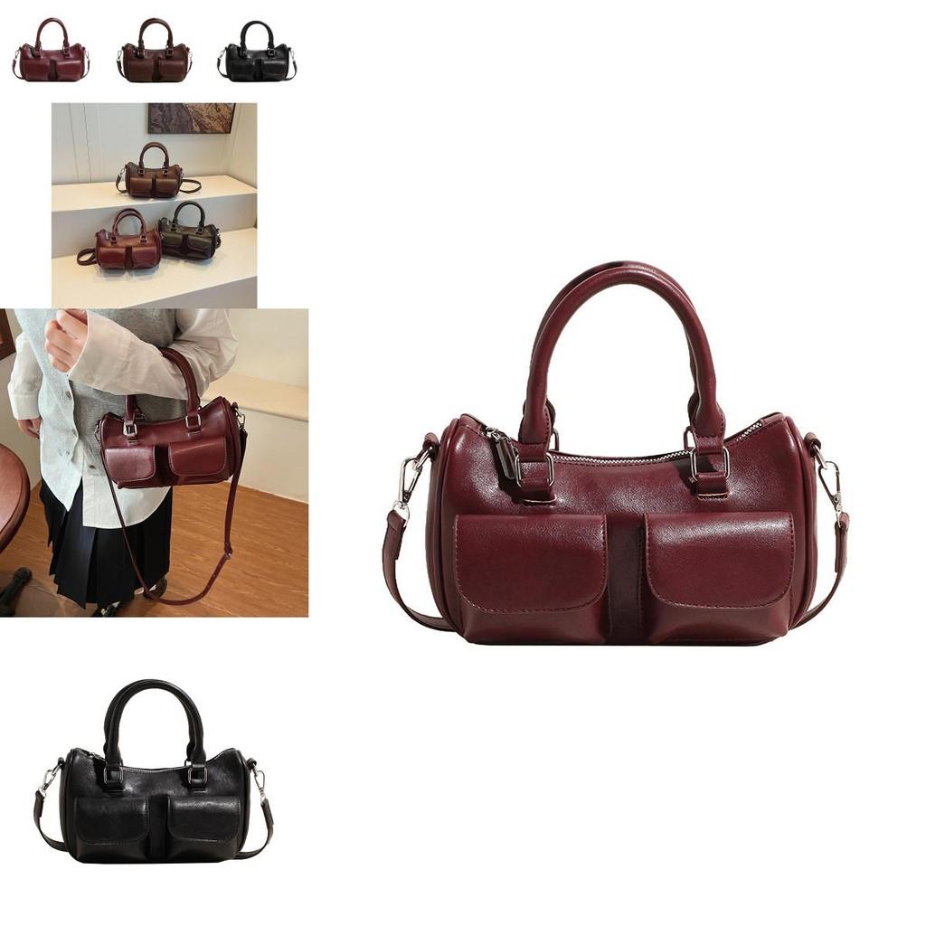 Chic Boston Bag For Women Stylish Large Capacity Handheld Shoulder Purse In Black Red Coffee