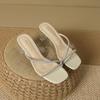 PVC summer new crystal sandals slippers women's thick heel middle heel transparent glass glue one-word belt drag women's shoes outside wear
