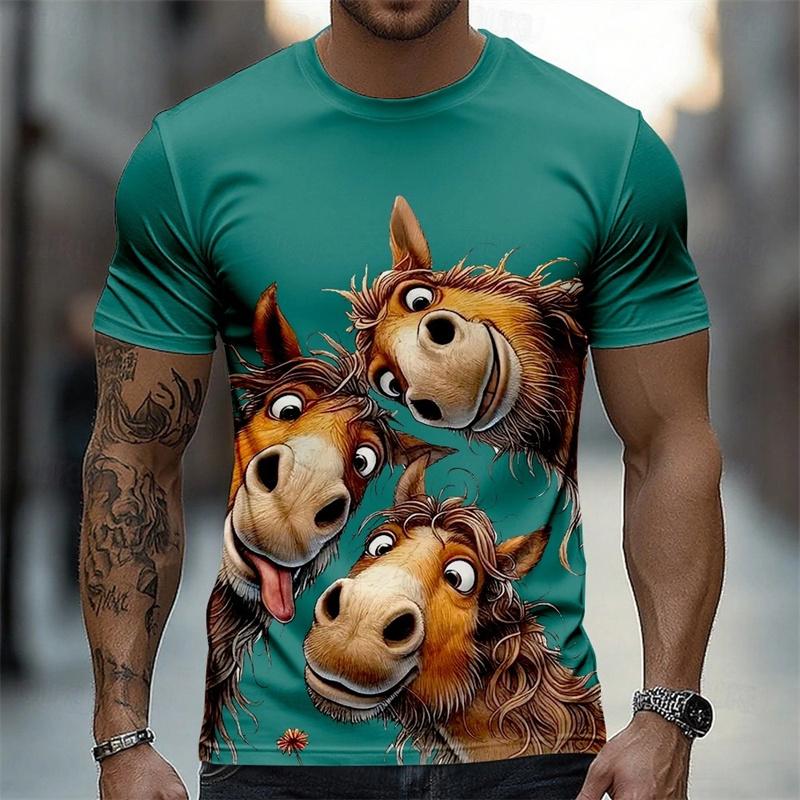 Cartoon Anime Horse Graphic T-shirt For Men Funny Casual 3D Animal Print O-neck Breathable Tee Shirts Summer Daily Leisure Tops