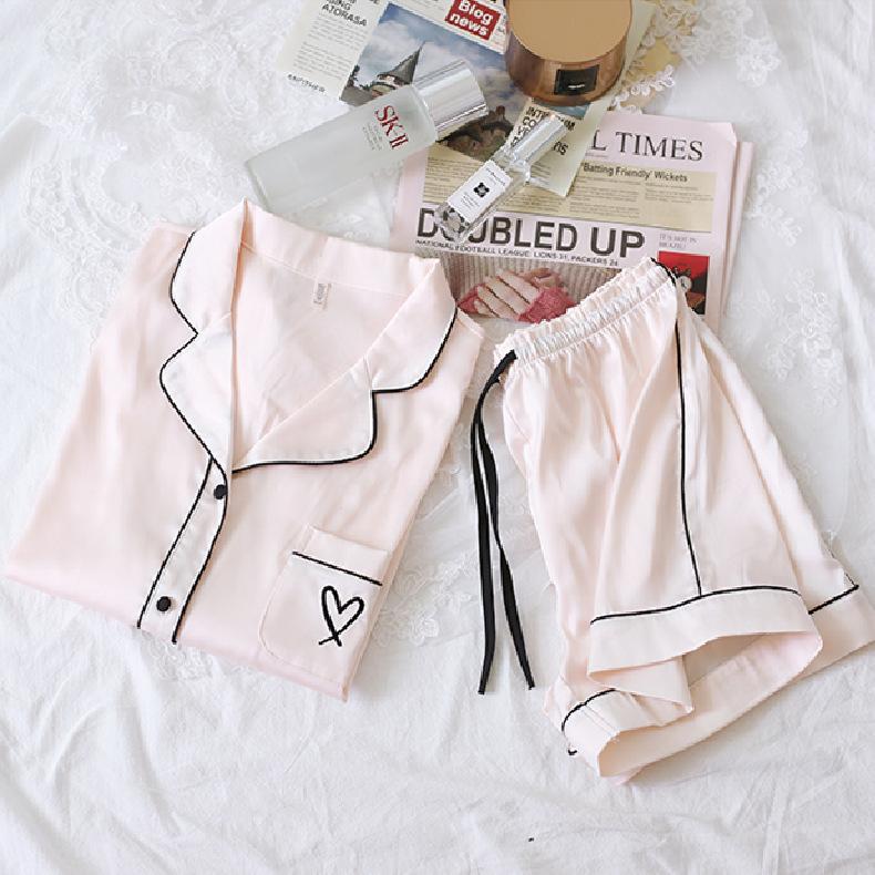 Womens Ice Silk Pajamas Set Heart Print Sleepwear Pijamas Elegant Hot Season Short Sleeve Female Loungewear Cardigan Home Clothes M