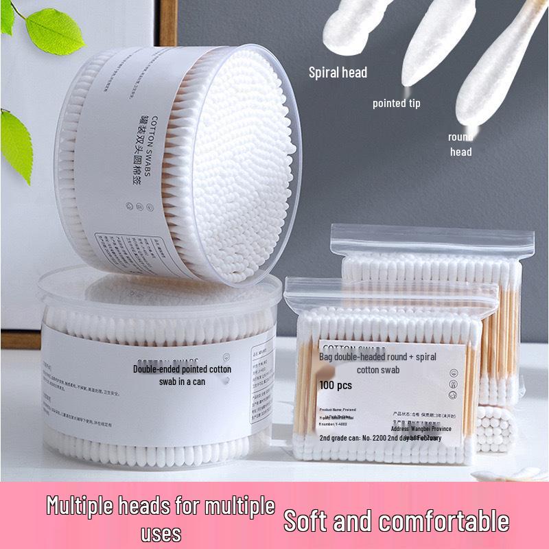 Disposable Double-Ended Cotton Swabs: Small Head Makeup Swabs with Round & Pointed Tips On Wooden Sticks for Ear Cleaning