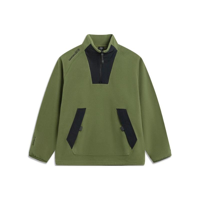 Li Ning Outdoor CF Moisture Wicking Warm Fleece Loose Pullover Letter Raglan Long Sleeve Stand Collar Fleece Jacket Men Jackets AWDVE29-3