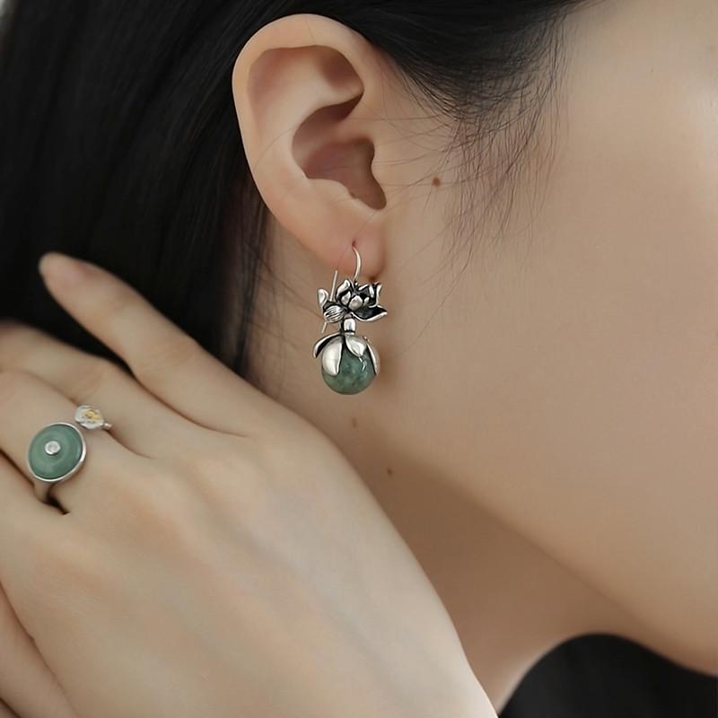 925 Sterling Silver Ethnic Style Good Fortune Lotus Flower Dangle Earrings for Women