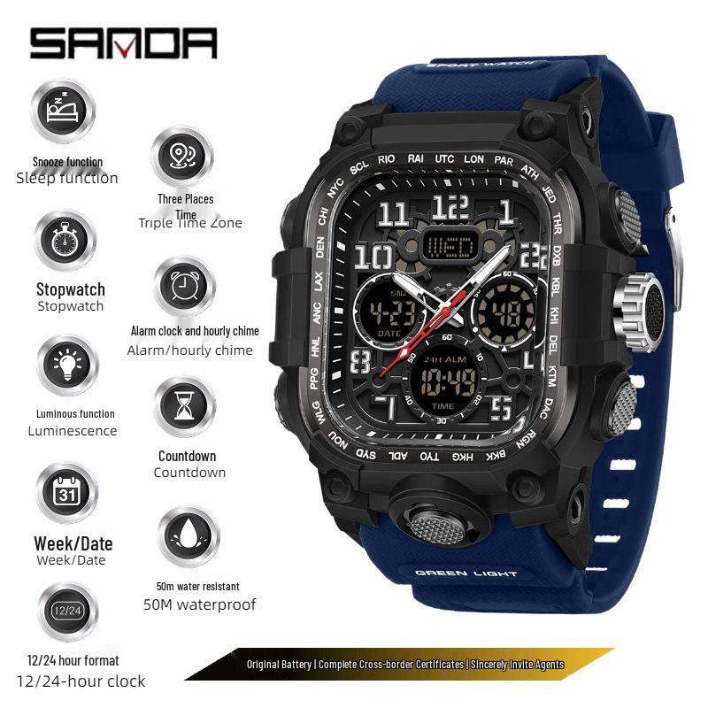 Sanda Men's Trendy Waterproof Multi-Functional Electronic Watches with Three-Time Zones for Casual Use