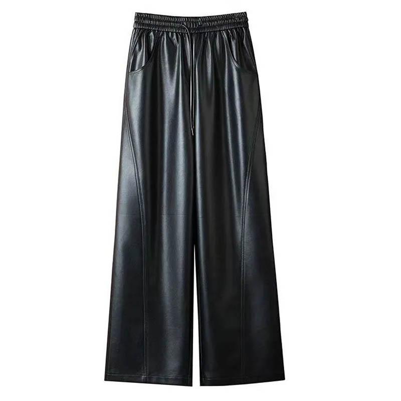Leather Pants for Women Elastic High Waist Long Trousers Plus Size Thickened Stretchy Versatile Casual Wide Leg Pants