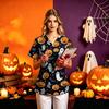 Women's Halloween Printed V-Neck Short Sleeve Scrub Top with Pockets Loose Fit