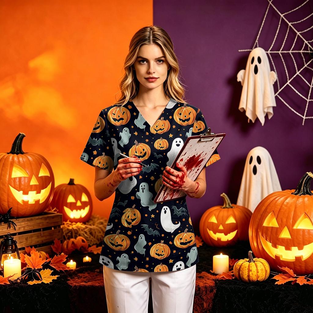 Women's Halloween Printed V-Neck Short Sleeve Scrub Top with Pockets Loose Fit