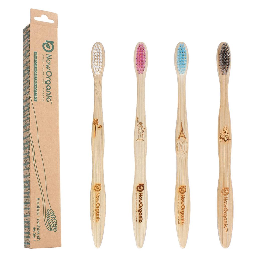 Now Organic Brand Multi Colour bristles with 4 unique Mark Biodegradable Bamboo Toothbrush perfect FAMILY PACK of 4