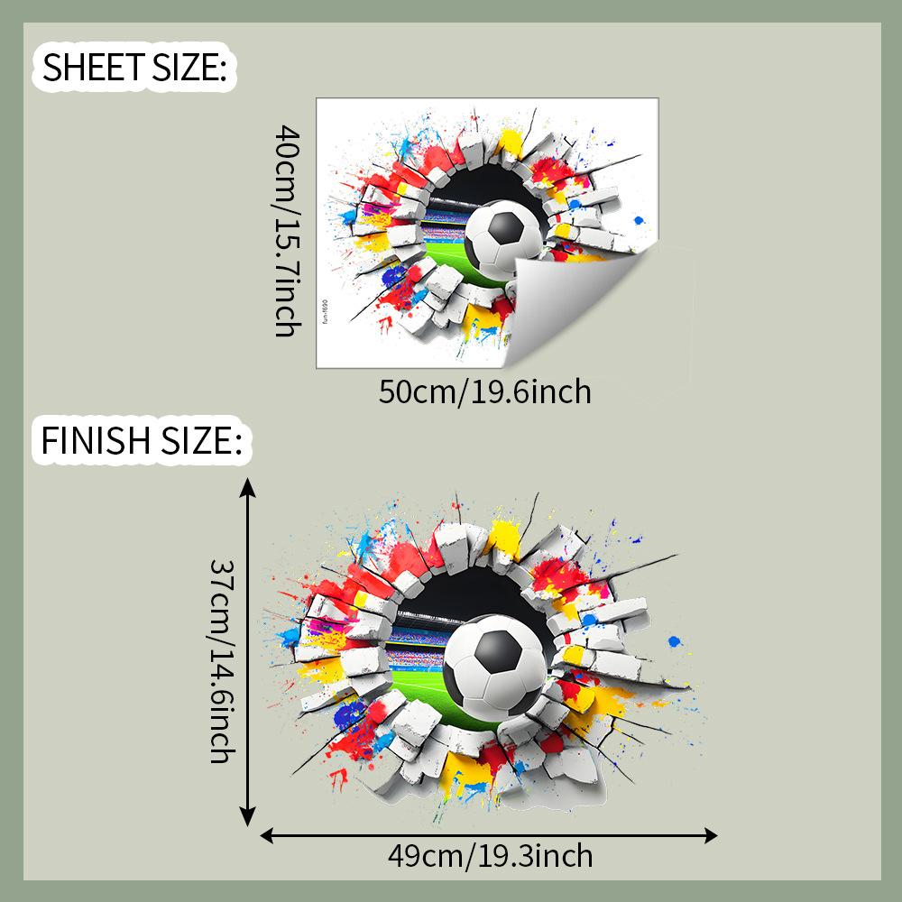 

3D Breaking Wall Soccer Ball Wall Sticker Dynamic Action-Packed Self-Adhesive Removable Decor for Bedroom Living Room Man Cave Game Room 40x50cm різнокольоровий