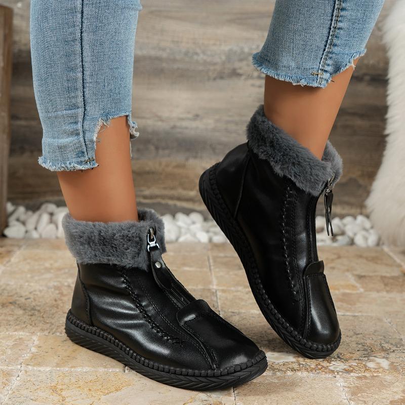 Fashion Mom's Cotton Shoes 2024 Winter New Fashion Waterproof Snow Boots Female Plush Warm Front Zipper Soft Sole Flat Women Ankle Boots