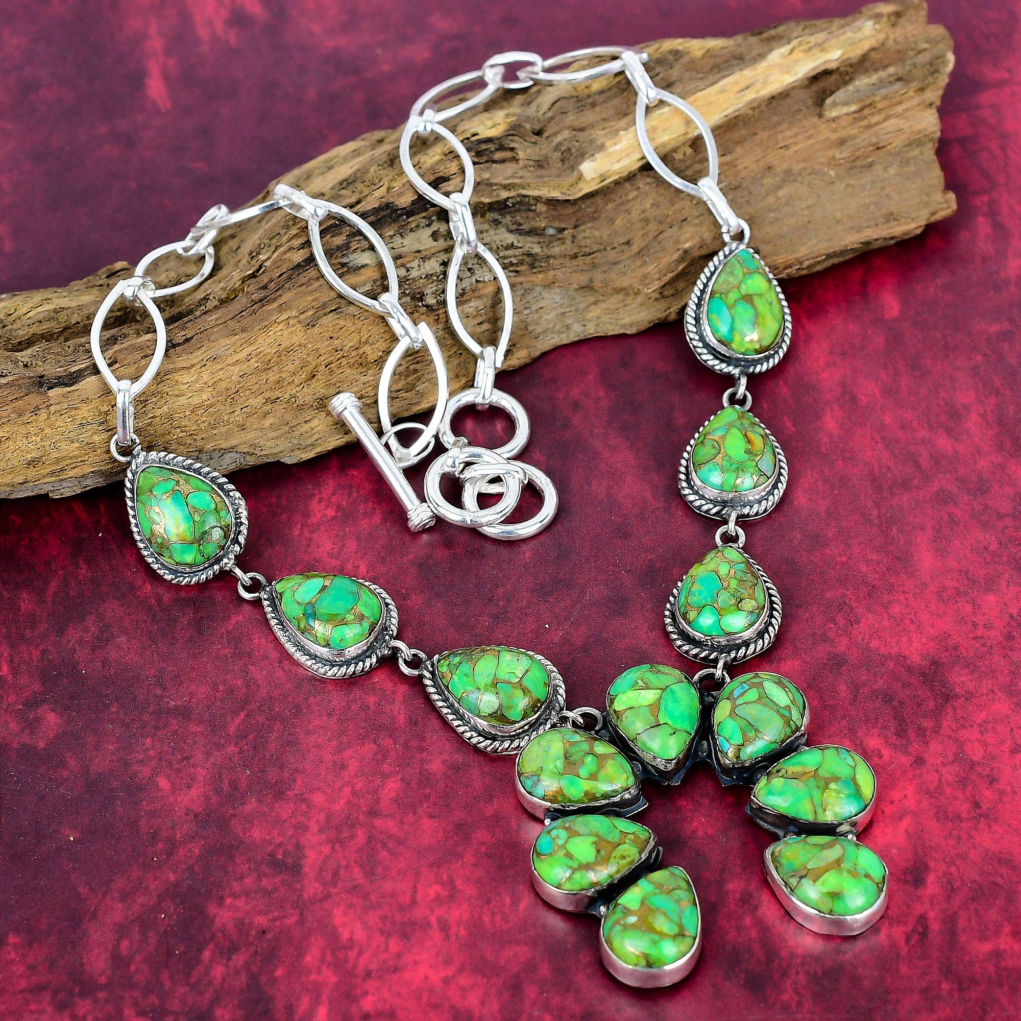 

Ожерелье из зеленой меди и бирюзы, ювелирные изделия из серебра 925 пробы с драгоценными камнями, ожерелье ручной работы, потрясающие ювелирные изделия, подарок для нее зелёный