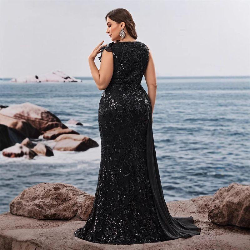 European and American Style Long Dress for Plus-Size Women, V-Neck, Ruffled Sleeves, Cocktail Party Evening Dress, Mother's Dress, Party Dress