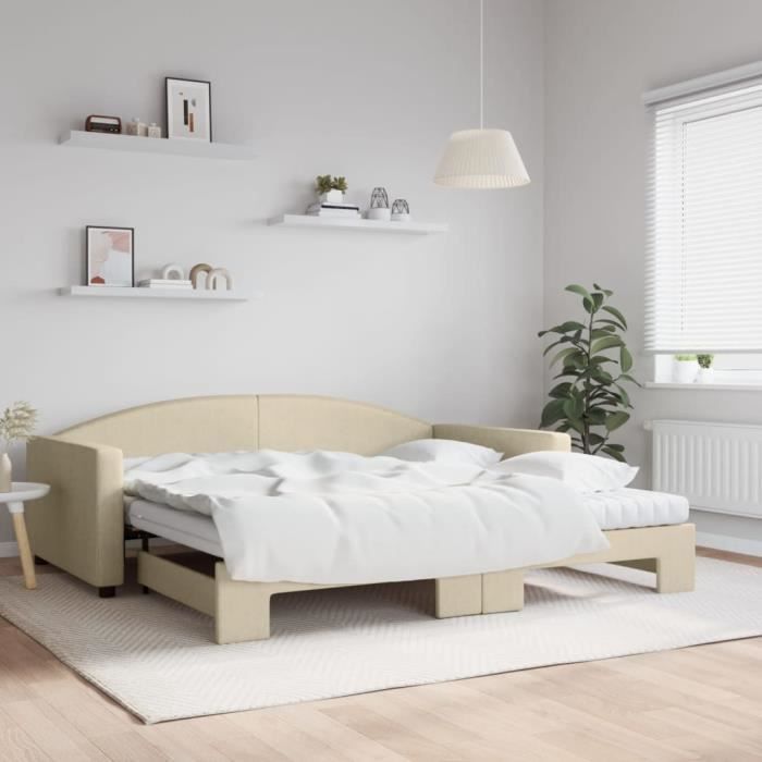 VidaXL Daybed with Trundle and Mattress Cream 100x200 Cm Fabric 3197215