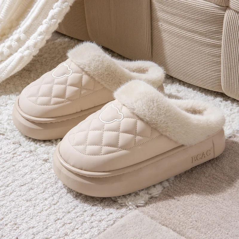 Fashion Women Fur Fuzzy Slippers Outdoor Waterproof Plush Lined Slides Indoor Antiskid Platform Cotton Shoes Fluffy House Slipper