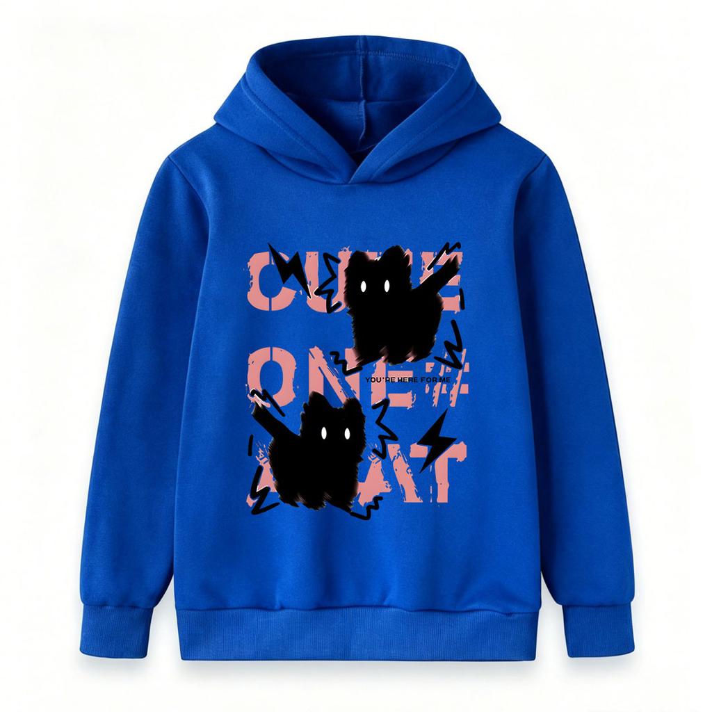 Kids Boys Girls Hoodie Sweatshirt, Cute Fluffy Black Cat Print Pullover, Casual Long Sleeve Loose Fit Hooded Tops for Daily Street Wear