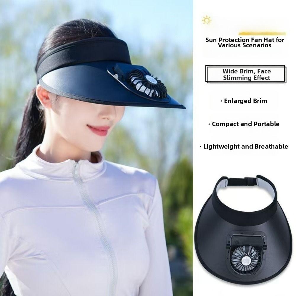 Großer Rand Kühlender Ventilator Hut USB Wiederaufladbar Damen Sonnenhut Freizeit Leerer Oberteil Sonnenschutz Kappe Damen