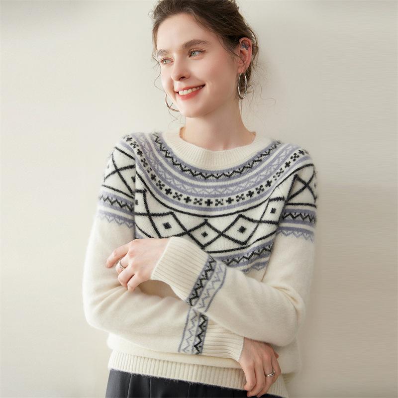 Women's Fair Isle Jacquard Cashmere Sweater - Round Neck, Pullover, Slimming Effect, Knit Base Layer for Autumn/Winter
