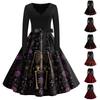 Women's Vintage Halloween Print Dress Long Sleeve V-Neck Flared Midi Dress for Party