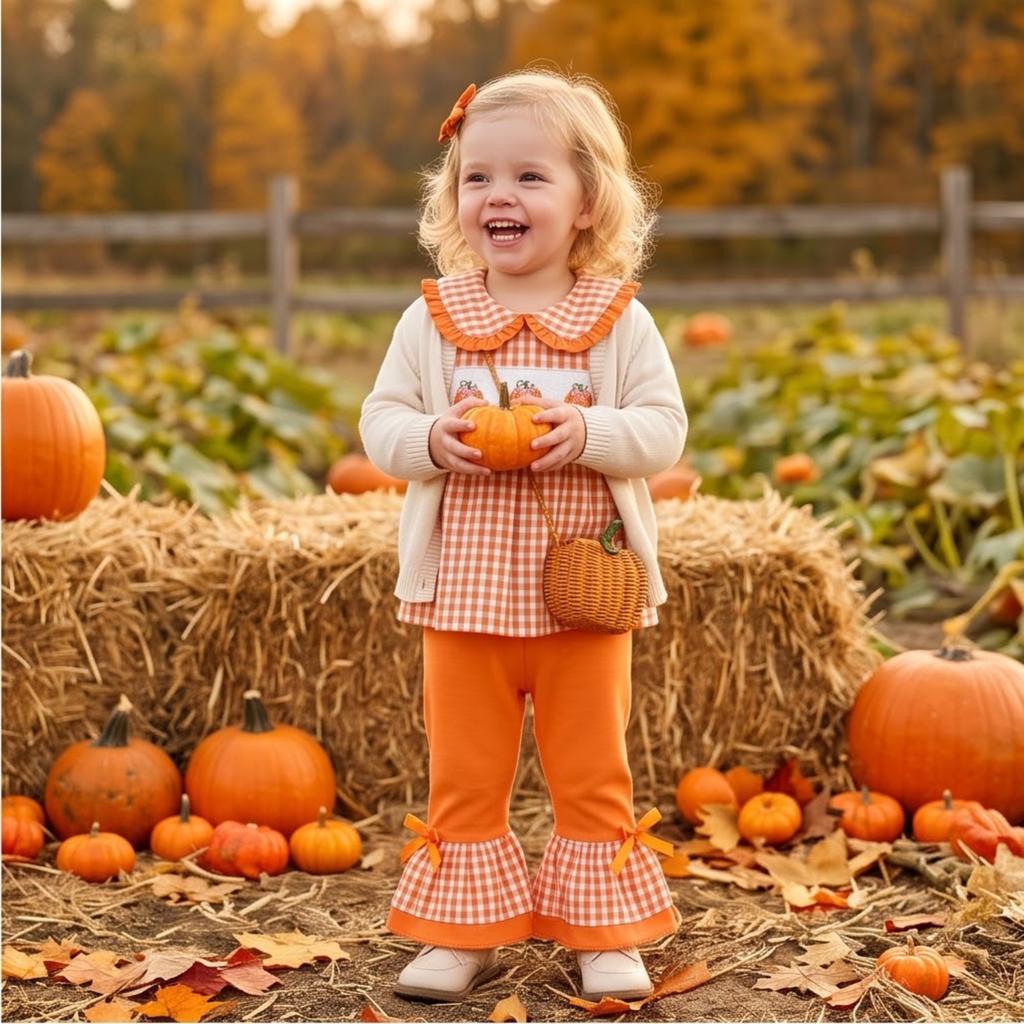 Kleinkind Mädchen Halloween Kürbis Stickerei Langarm Rundhals Pullover Sweatshirt und Elastische Taille Ausgestellte Hose Set