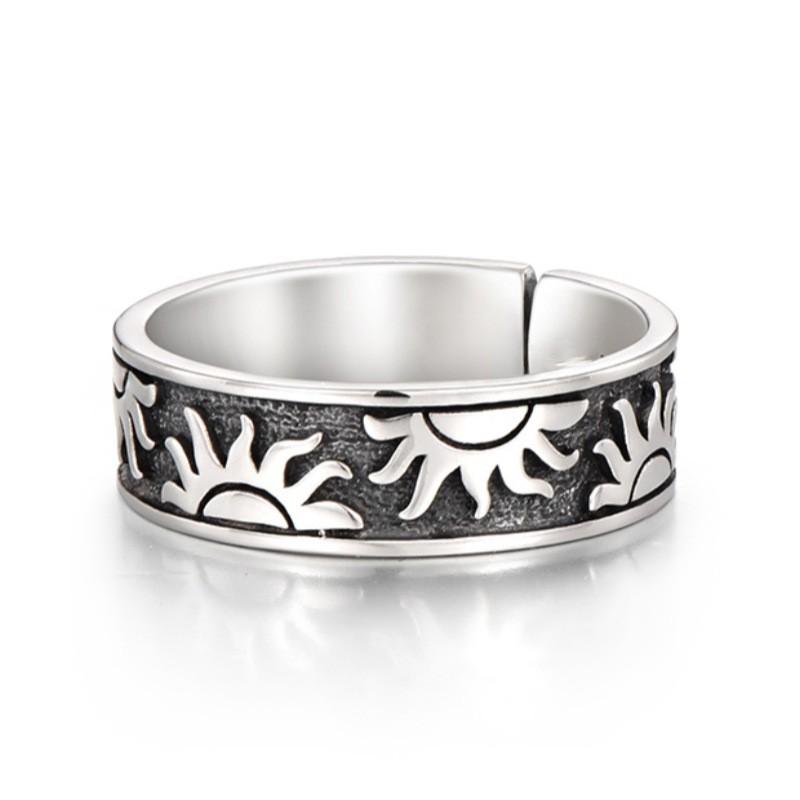 Bague Ouverte Réglable Hommes Femmes Motif Soleil Vintage Design Géométrique Plaqué Accessoire de Mode Unisexe