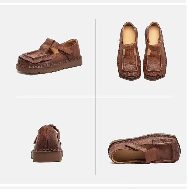 Johnature Square Toe Thick Soled Comfortable Commuter Women's Shoes Retro Genuine Leather Flats