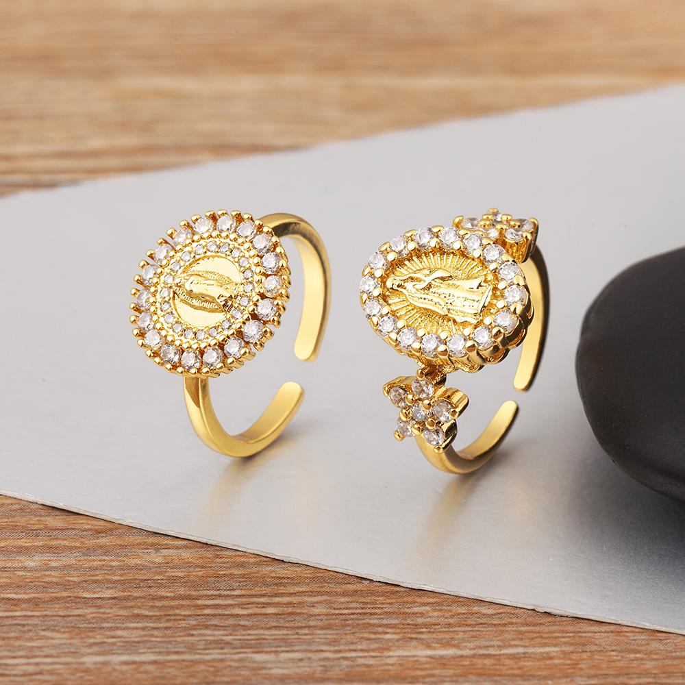 Nidin New Retro Round/Oval Shape Virgin Mary Charm Open Rings Adjustable For Women Men Shine Zircon Finger Jewelry Accessories