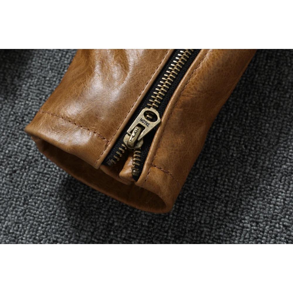 Chinese Size Men Leather Jackets Oil Waxed Yellow Brown Genuine Cow Leather Jacket for Men Cowhide Motorcycle Biker Jackets