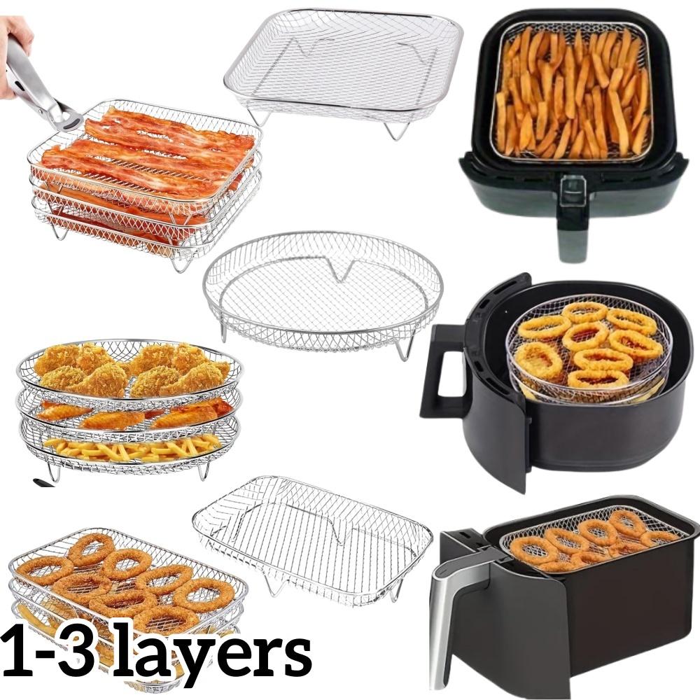1/3Layer Stainless Steel Air Fryer Accessories Stackable BBQ Grill Rack Food Frying Basket Multipurpose for Baking Cooking Tool
